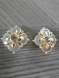 Joan Rivers Vintage Flower Clip On Earrings Gray Enamel Crystal Signed - Picture 1 of 4