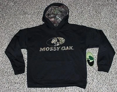 NEW Mossy Oak Youth Hoodie Black with Camo Hunting Hooded Sweatshirt S M L XL - Image 1 of 2