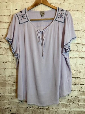 COMO Top Campesino Vintage Mujer 2X Púrpura Claro Bordado Cuello Corbata Boho Hippie Foto 1 de 4