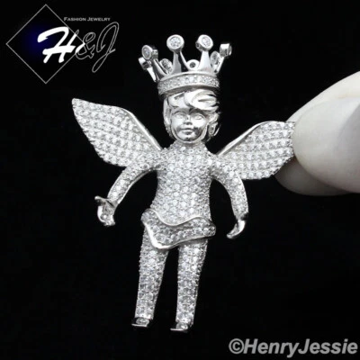 HOMBRE SÓLIDO 925 PLATA ESTERLINA ICY BLING CIRCONITA CÚBICA 3D ALA DE ÁNGEL CORONA COLGANTE*SP121 Foto 1 de 4
