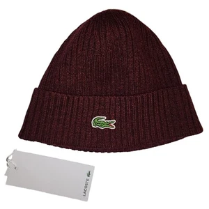 Men's Lacoste Bordeaux Ribbed Wool Beanie - OSFA Wine Burgundy - Picture 1 of 2