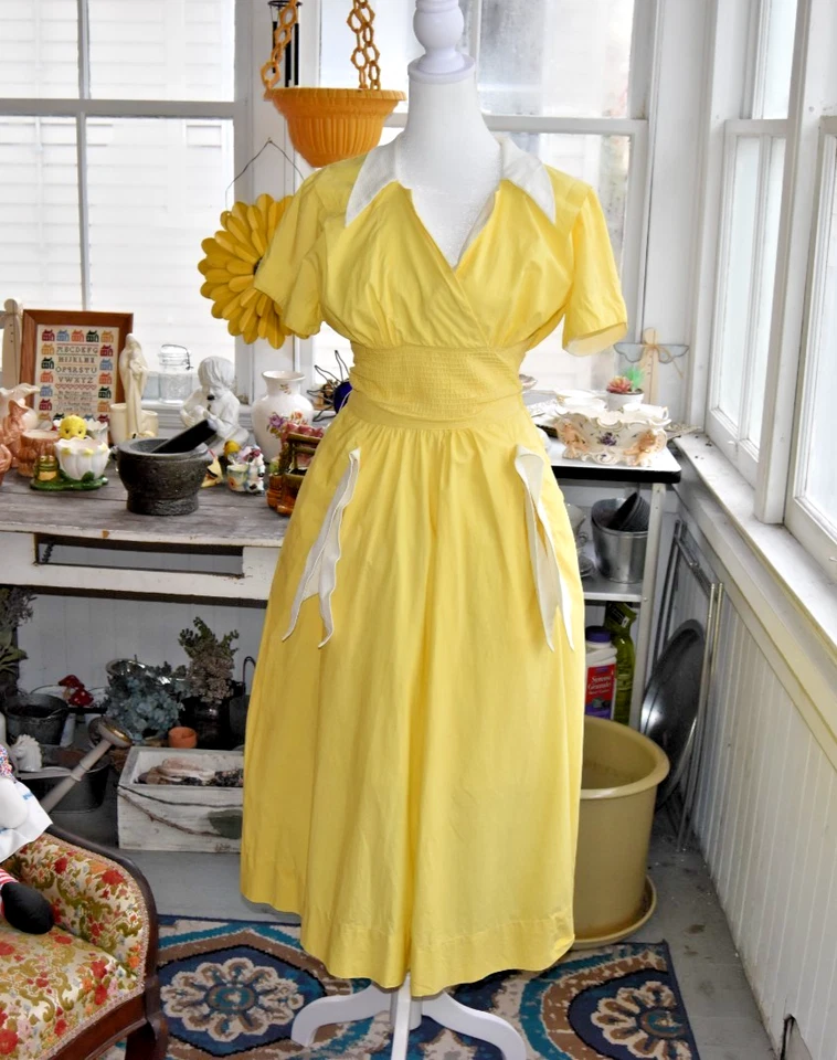 Vestido Vintage Años 50 "Bob Low" Algodón Línea A Cintura Calada Amarillo Mantequilla Talla Pequeña Foto 1 de 4