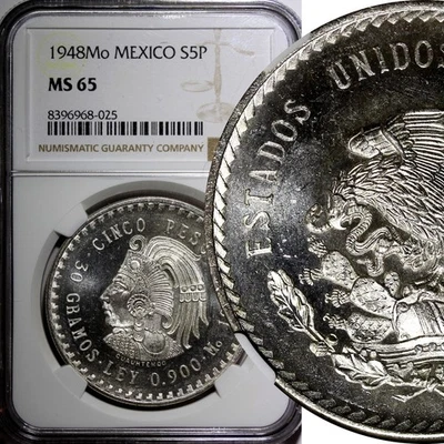 MÉXICO Plata 1948 Mo 5 Pesos NGC MS65 Cuauhtémoc 40mm Como Nuevo Brillo KM# 465 (025) Foto 1 de 4