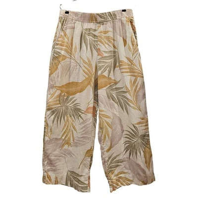 Tahari Linen Pants Womens L Large Palm Leaf Print Wide Leg Crop Elastic Waist - Image 1 of 3