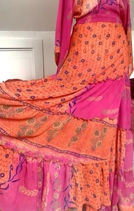 BEAUTIFUL KATE & AUD SILK GEORGETTE ORANGE & PINK LONG WRAP DRESS - EX COND M-L? - Picture 1 of 11