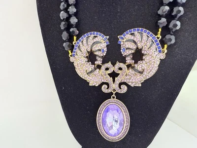LIHANG YUAN HUGE BLUE & PURPLE RHINESTONE BLACK GLASS DOUBLE ZEBRAS NECKLACE 524 - Image 1 of 4