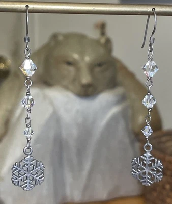 Sterling Silver Beaded Snowflake Dangle Drop Earrings 2.5” - Image 1 of 4