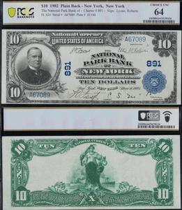 SC 1902 $10 Fr.624 National Park Bank New York Ch. # (E) 891 PCGS 64 Choice UNC - Picture 1 of 3
