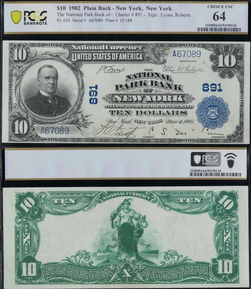 SC 1902 $10 Fr.624 National Park Bank New York Ch. # (E) 891 PCGS 64 Choice UNC - Image 1 of 3