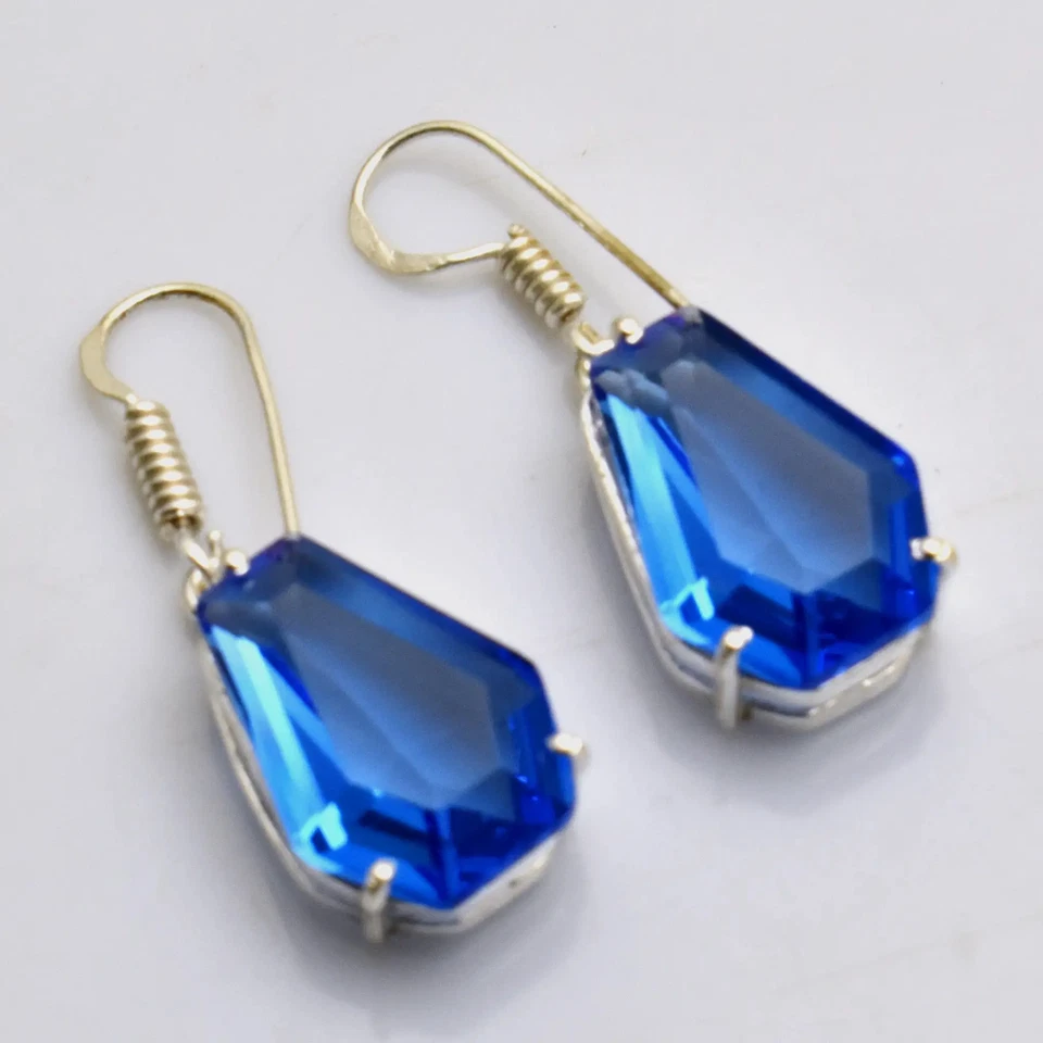 Brincos pendurados de gota feitos à mão de pedra preciosa de tanzanita joias femininas 1,4" AE-98433 - Imagem 1 de 1