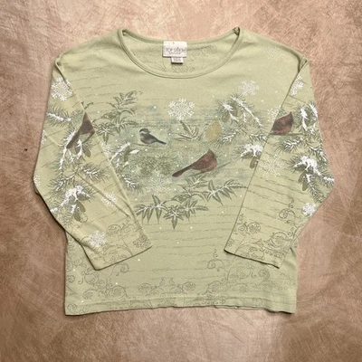 Vintage Top Stitch by Morning Sun Winter Birds Shirt Green Rhinestone Holiday  - Image 1 of 4