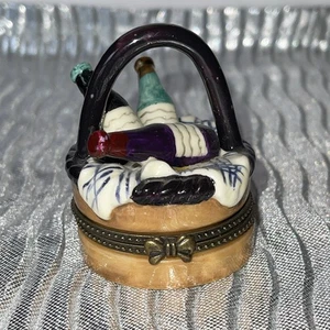 Vintage Porcelain Trinket Box Wine Bottles Basket Shaped - Picture 1 of 8
