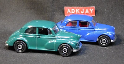 MatchBox ~ 2 Morris Minor Sedán Coches ~ Verde es R Hand Drive Azul es L Mano Foto 1 de 4