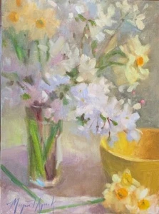 Kirschblüten, Jonquils Frühling Gemälde Öl auf Leinwand 9x12 O/C Margaret Aycock - Bild 1 von 12