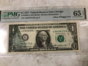ERROR NOTE 1 DOLLAR PMG65EPQ,GEM BU, PARTIAL OFFSET PRINTING FROM BACK TO FRONT - Picture 1 of 4