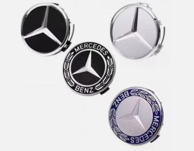 Set of 4 Mercedes Benz Wheel Center Caps Black Silver Blue 75MM AMG Wreath cap - Image 1 of 3