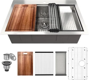 36 inch Workstation Undermount Kitchen Sink Single Bowl with Grid Strainer - Picture 1 of 10