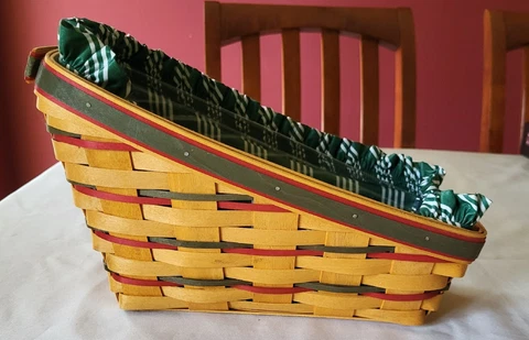 1998 Longaberger Holiday Sleigh Basket, Green/white Stipe Liner & Protector,  No Cover