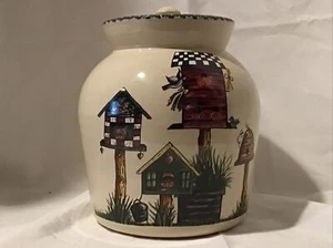 Vtg Hand Painted Casey Pottery Marshall Texas Crock & Lid Birdhouses 1998 - Picture 1 of 10