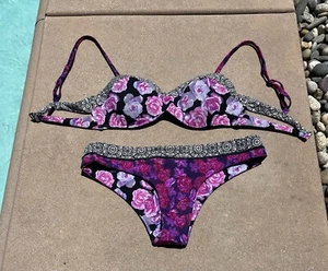 Pacsun LA Hearts Bikini swimsuit Purple Pink Floral Size Small Reversible Bottom - Picture 1 of 5