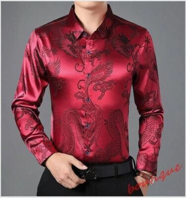 Men's Faux Silk Dress Shirts Dragon Pattern Button-front Slim Fit Business 2024 - Изображение 1 из 4