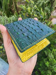 Green/YellowDoubeside Genuine EXOTIC Leather Skin Men's Bifold Wallet,Cardholder - Picture 1 of 10