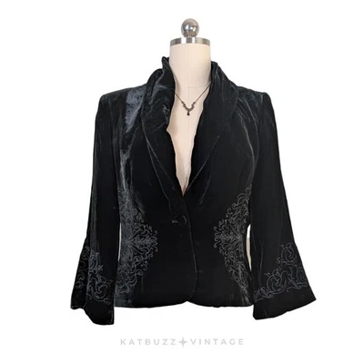 Velvet Silk Blend Blazer Jacket 10 Black Embroidery Bell Goth Whimsigoth Holiday - Image 1 of 4