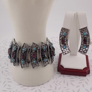 VTG Purple Black Rhinestone Simulated Turquoise Silver Tone Bracelet Earring Set - Picture 1 of 6