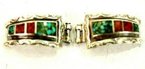 Navajo Turquoise Coral Chip inlaid Watch Tips Sterling Silver - Picture 1 of 9
