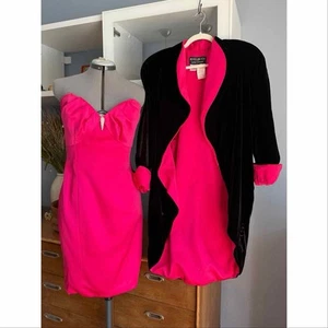 Vtg Karen Okada David Howard Pink Cocktail Dress & Velvet Waterfall Jacket 12 - Picture 1 of 12