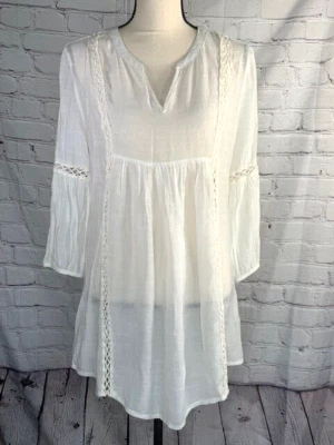 Monoreno Women's Ivory Boho Lace Long Sleeve Tunic Pleated Details Size Medium - Image 1 of 4