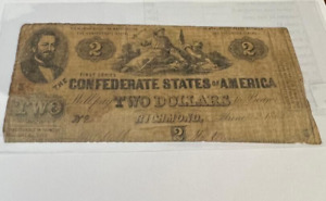 Civil War Confederate Currency $2 Note 6/2/62 Circulated