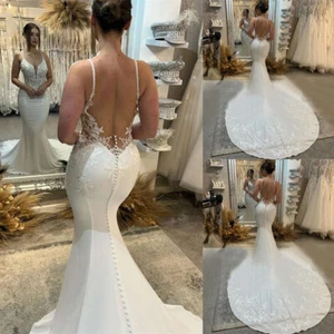 Satin Wedding Dresses Mermaid Spaghetti Straps Sexy Backless Bridal Gowns Custom - Picture 1 of 9