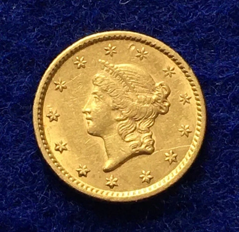 Original US 1853 Type I Gold Dollar, Liberty, Typical XF+ Circulated Details Cover