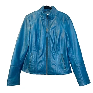 MSRP $350 Scully Womens Soft Blue Leather Moto Jacket Zipper Western Wear Sz M - Picture 1 of 9