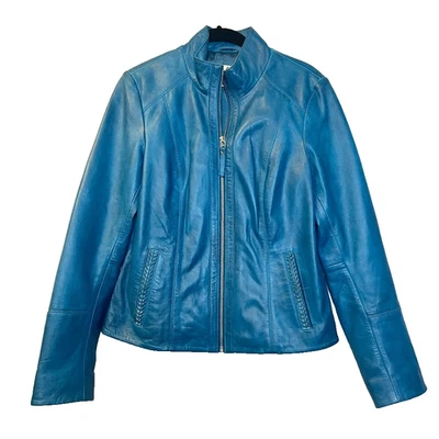 MSRP $350 Scully Womens Soft Blue Leather Moto Jacket Zipper Western Wear Sz M - Image 1 of 4