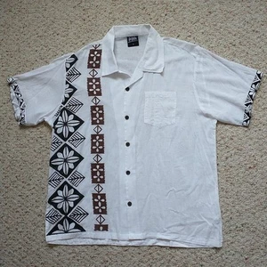 KAI-VEIKAU Shirt Men XL White Floral Hawaiian Traditional Fiji Print Tiki Tribal - Picture 1 of 10
