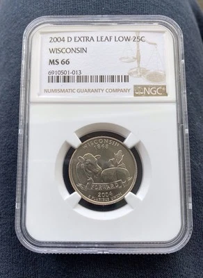 2004-D WISCONSIN EXTRA LOW LEAF STATEHOOD 25c ERROR NGC MS 66 - Image 1 of 2