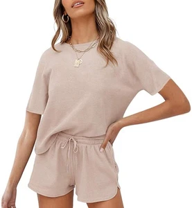 Women's Short Sleeve Waffle Pajama Sets Lounge Top and Shorts 2 Piece Tracksu... - Picture 1 of 6