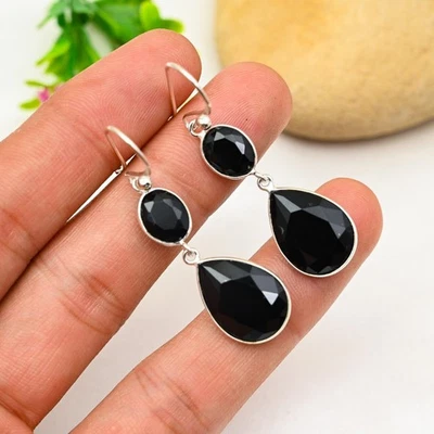 Black Spinel Gemstone Dangle Earring 925 Sterling Silver Handmade Jewelry Gift - Image 1 of 4
