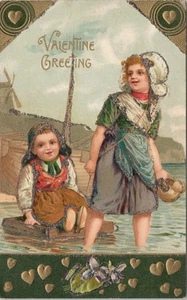 Winsch Valentine Little Dutch Boy and Girl Wading in Water W/ GLITTER Postcard - Picture 1 of 2