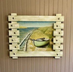 Vintage strukturierte Meereslandschaft Gemälde 20x24 rustikal maritim Wandbild Boot am Ufer - Bild 1 von 10