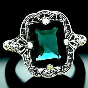 ART DECO STYLE 925 STERLING SILVER 3 CT LONDON BLUE SIMULATED TOPAZ RING   #1175 - Picture 1 of 2