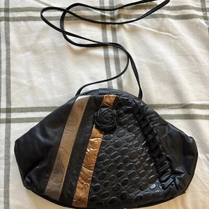 1980's Vintage Metallic Patchwork Rose Black Leather Shoulder Bag Rare - Picture 1 of 9