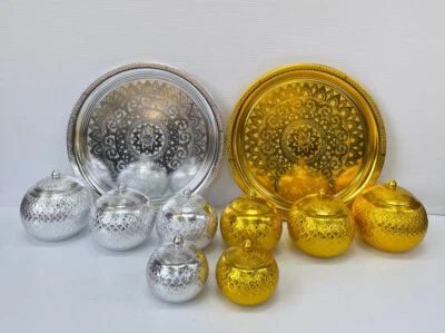 Vintage Style Thai Design Silver Aluminium Gold Tray&4 Jasmine Pattern Jars Gift - Image 1 of 4