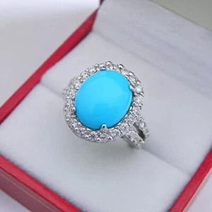 3Ct Oval Cut Lab Created Turquoise Halo Engagement Ring 14k White Gold Plated - Picture 1 of 9