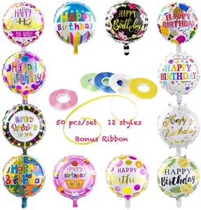 Happy Birthday mylar Foil Balloons (50-Pieces) with 100 Meter Ribbons 18 inch - Picture 1 of 7