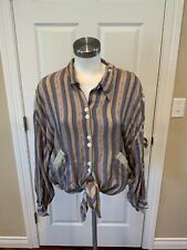Dupont Durant Tan & Blue Striped Button Up Shirt W/ Tie Front, Size Medium