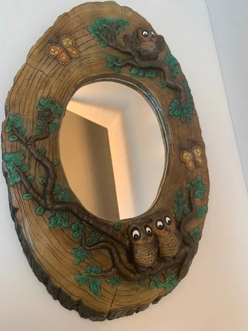 Vtg MCM Oval Mirror Ceramic OWL Butterfly Tree Frame Wall Home Decor Retro70s Cover