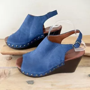 Sandalias plataforma cuña madera gamuza cuero gamuza marrae azul marca Lucky talla 9 nuevas sin etiquetas - Imagen 1 de 7